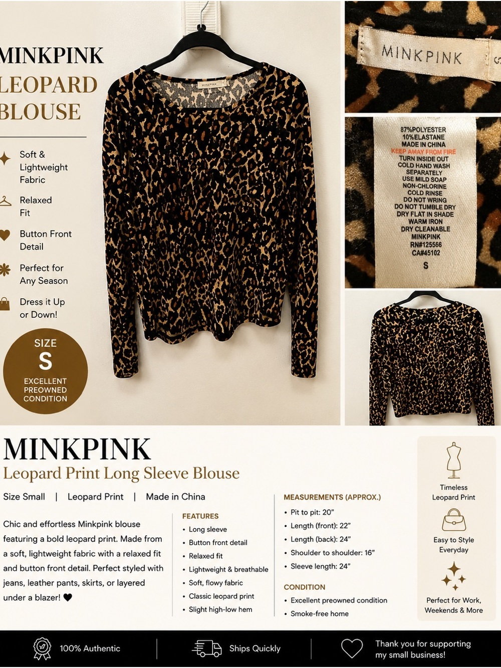 MINKPINK Brown and Black Leopard Print Long Sleeve Blouse